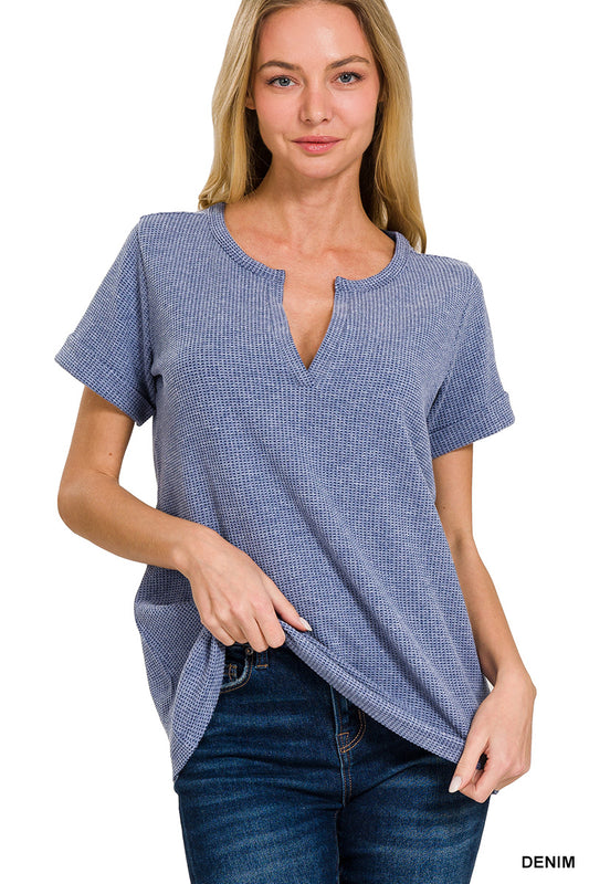 Melange Waffle Henley Neck Short Sleeve Top