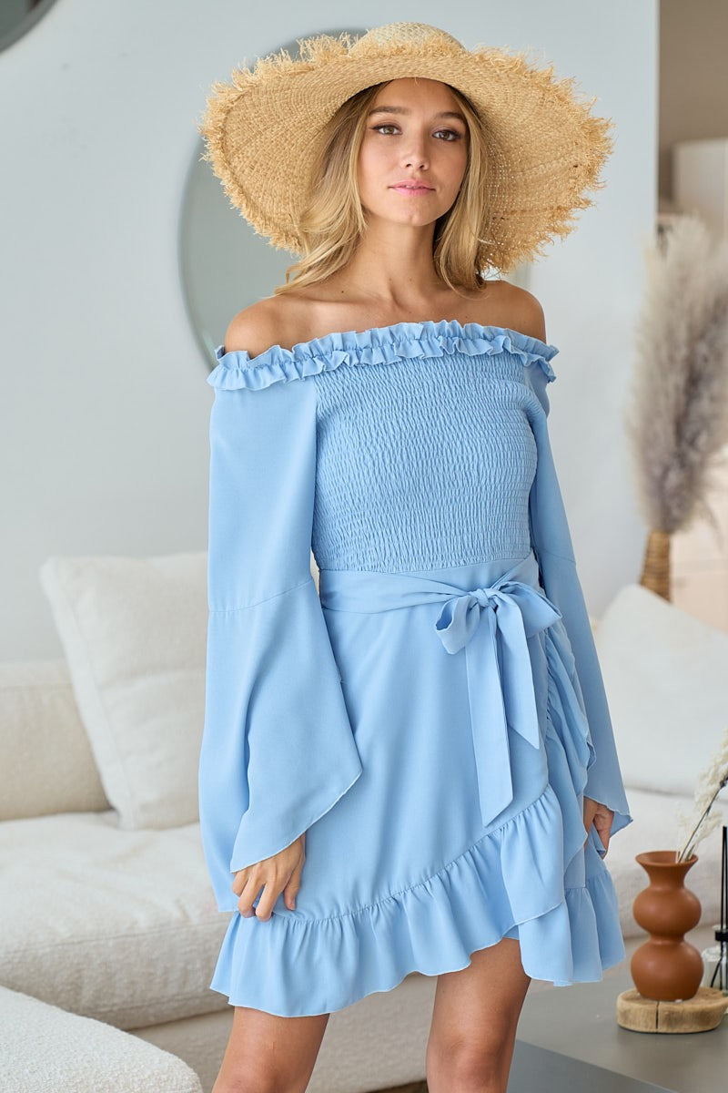 RUFFLED NECK SMOCKED BODY WITH WRAP SKIRT DRESS