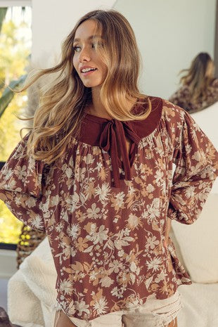 Floral Woven Tied Neck Top