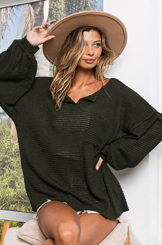 Popcorn Waffle Knit Top With Bubble Sleeves